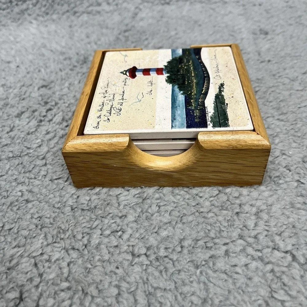 Hilton‎ Head Lighthouse Tile Drink Coasters Harbour Town Set of 4 w/ Tray